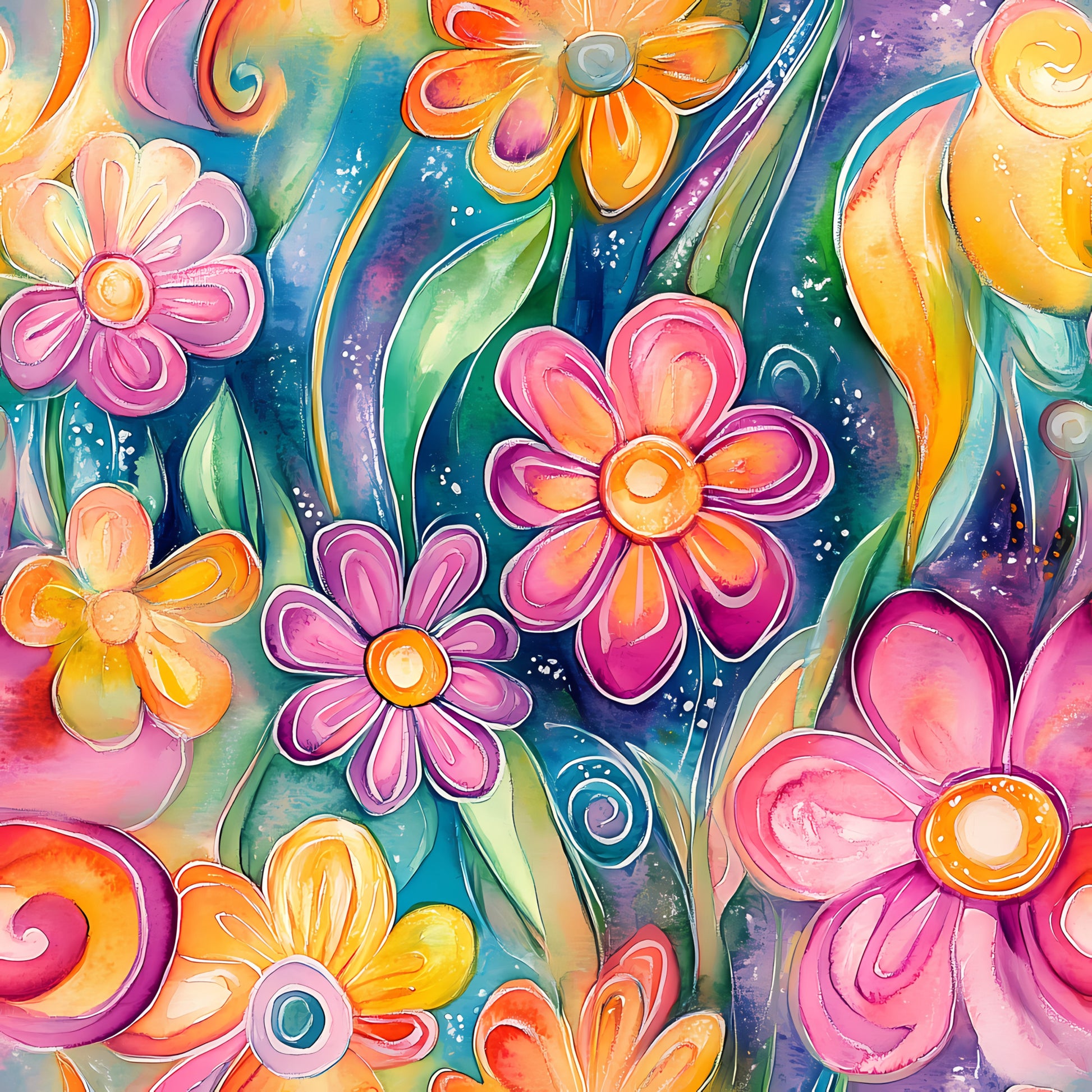vibrant flowers, abstract floral, pink petals, orange blooms, blue background, purple accents, yellow flowers, green leaves, swirling patterns, watercolor style, whimsical art, contemporary design, quilting cotton, fabric panel, colorful botanical, artistic florals, flowing design, bright colors, modern floral, crafting fabric