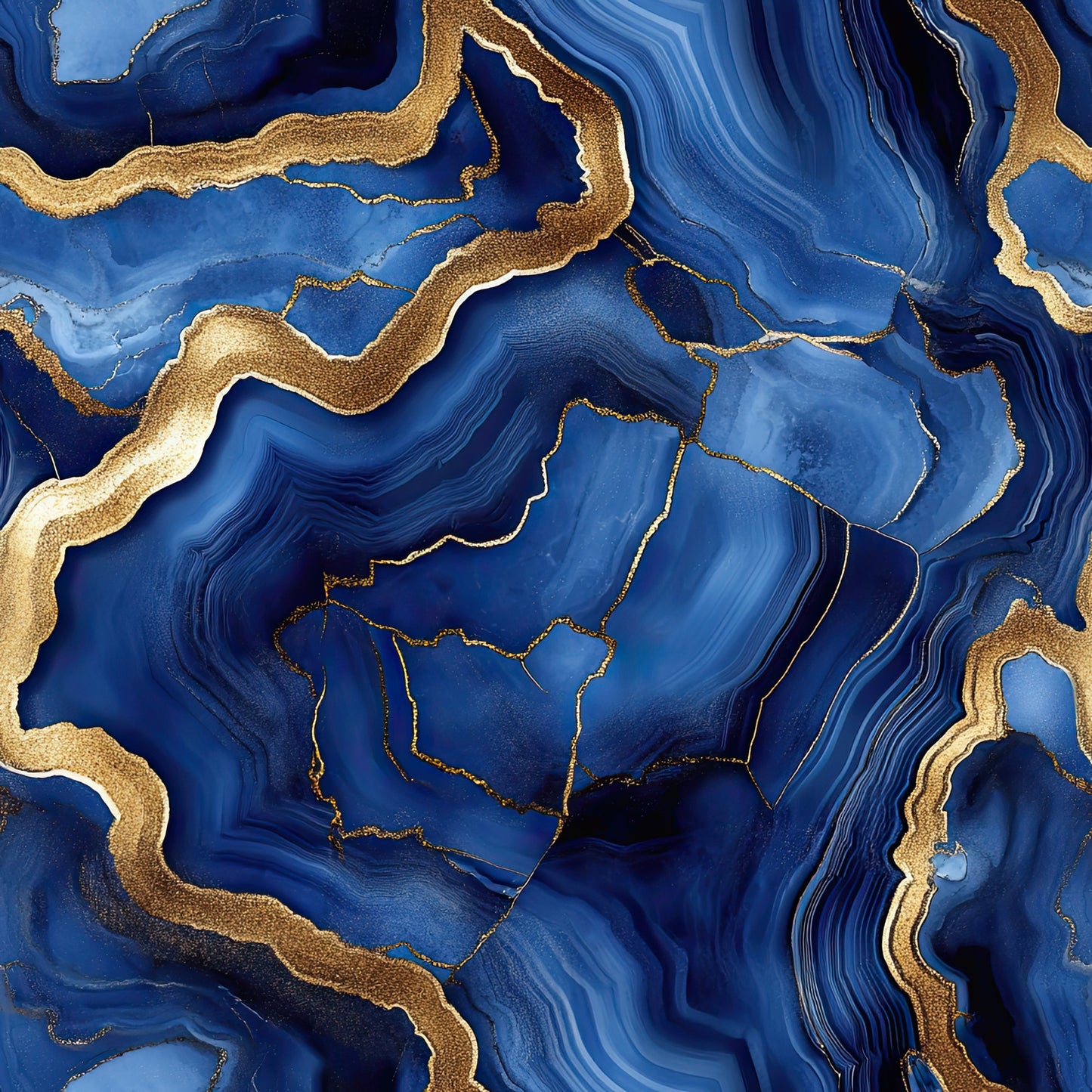 royal blue, gold, agate pattern, geode design, marble texture, flowing lines, organic shapes, mineral formation, metallic accents, swirling patterns, stone-like veins, crystalline structure, luxurious, elegant, abstract design, quilting cotton, fabric panel, geological inspired, fluid movement, iridescent effect