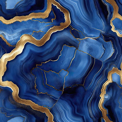 royal blue, gold, agate pattern, geode design, marble texture, flowing lines, organic shapes, mineral formation, metallic accents, swirling patterns, stone-like veins, crystalline structure, luxurious, elegant, abstract design, quilting cotton, fabric panel, geological inspired, fluid movement, iridescent effect