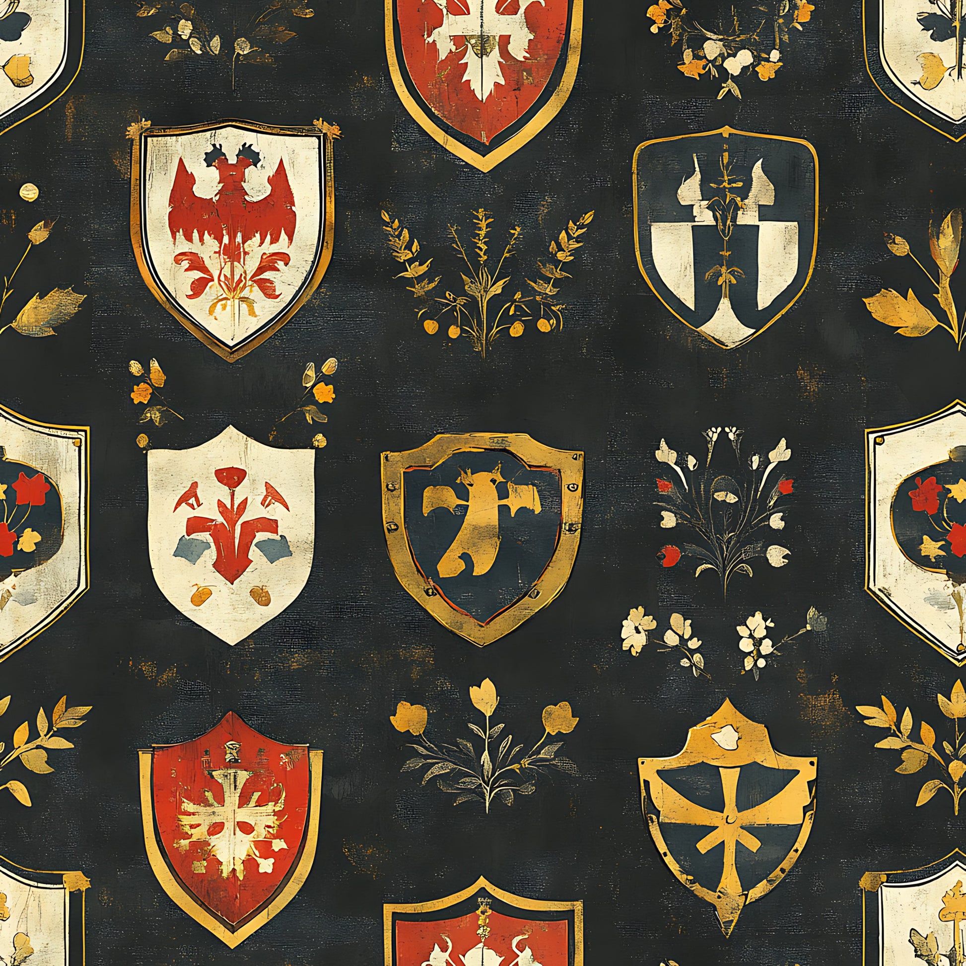 medieval shields, heraldic crests, coat of arms, dark charcoal background, red accents, gold trim, cream white, botanical motifs, floral sprigs, eagle emblems, cross designs, weathered texture, vintage style, quilting cotton, fabric panel, rustic finish, german banners, shield shapes, distressed appearance, ornamental patterns