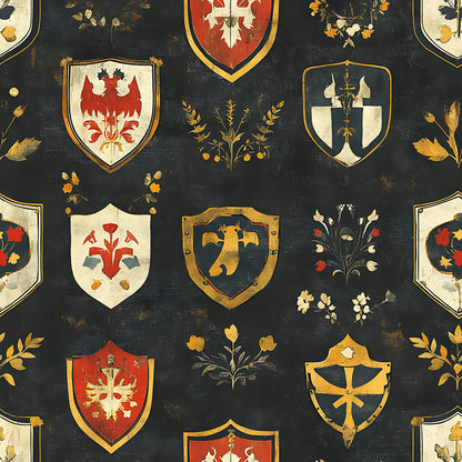 medieval shields, heraldic crests, coat of arms, dark charcoal background, red accents, gold trim, cream white, botanical motifs, floral sprigs, eagle emblems, cross designs, weathered texture, vintage style, quilting cotton, fabric panel, rustic finish, german banners, shield shapes, distressed appearance, ornamental patterns