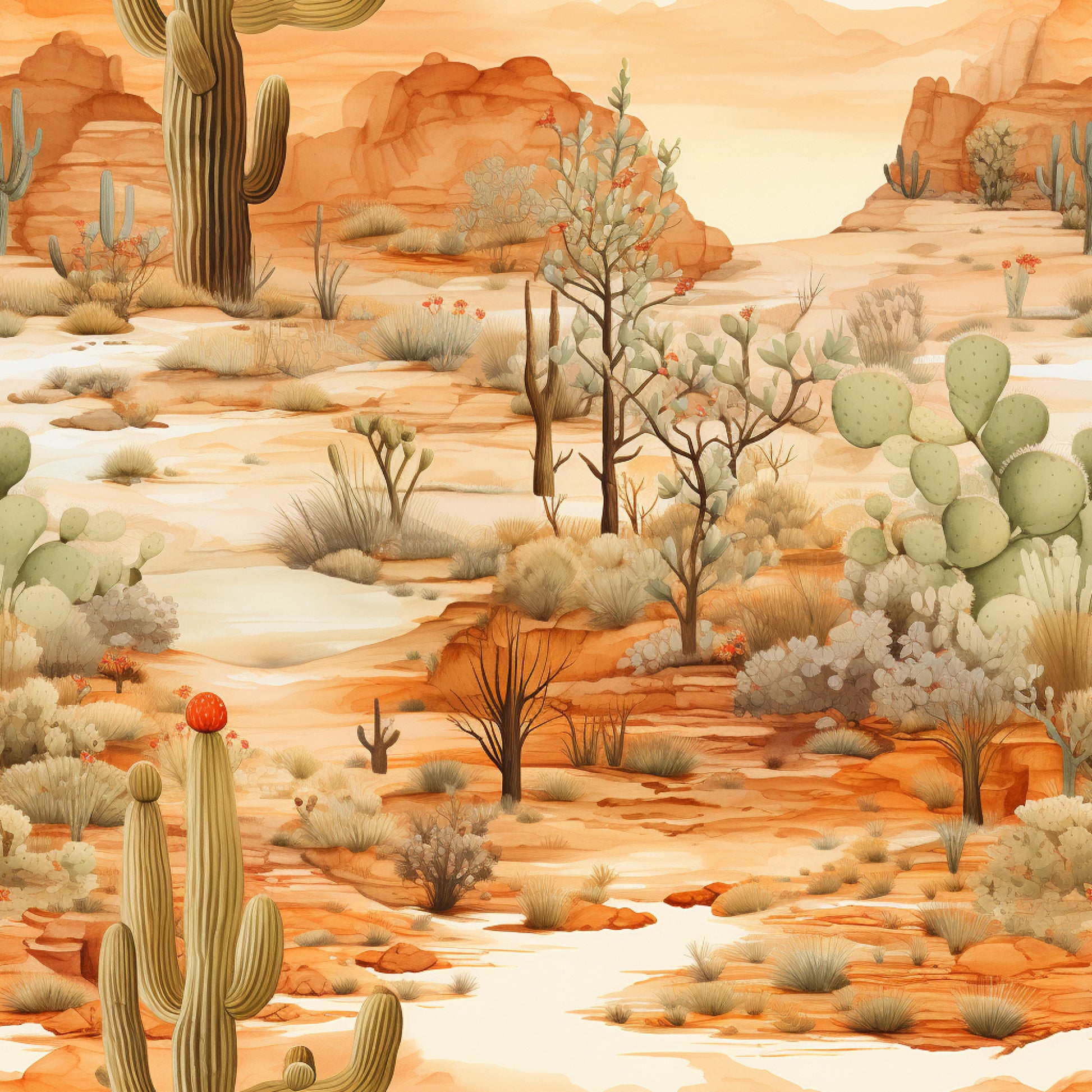 desert landscape, sunrise colors, saguaro cactus, prickly pear, orange tones, peach hues, sage green, terra cotta, southwestern scene, arid plants, desert flora, quilting cotton, fabric panel, watercolor style, warm palette, desert rocks, ocotillo plants, barrel cactus, peaceful mood, nature scene