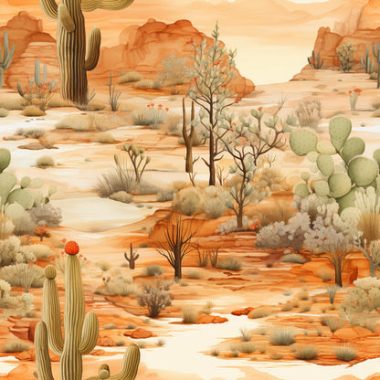 desert landscape, sunrise colors, saguaro cactus, prickly pear, orange tones, peach hues, sage green, terra cotta, southwestern scene, arid plants, desert flora, quilting cotton, fabric panel, watercolor style, warm palette, desert rocks, ocotillo plants, barrel cactus, peaceful mood, nature scene
