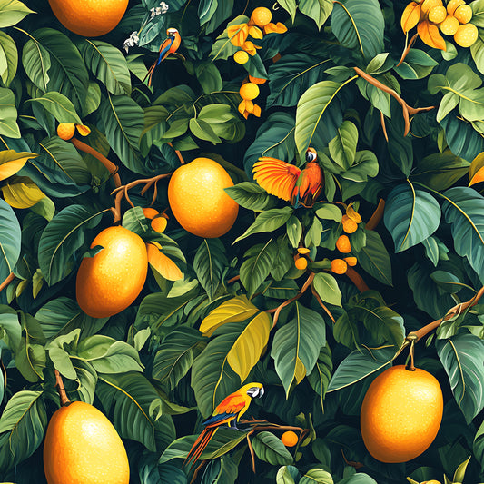tropical, mango fruit, parrots, orange, green, yellow, botanical, jungle foliage, tropical birds, quilting cotton, fabric panel, nature pattern, exotic fruits, lush leaves, vibrant colors, tropical paradise, rainforest, seamless repeat, bright orange fruits, colorful macaws