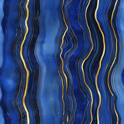 royal blue, navy blue, gold, metallic gold, agate pattern, geode design, flowing lines, wavy stripes, marbled texture, organic swirls, mineral inspired, luxurious, elegant, sophisticated, quilting cotton, fabric panel, abstract design, fluid movement, crystalline formation, deep blue tones