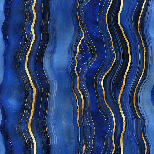 royal blue, navy blue, gold, metallic gold, agate pattern, geode design, flowing lines, wavy stripes, marbled texture, organic swirls, mineral inspired, luxurious, elegant, sophisticated, quilting cotton, fabric panel, abstract design, fluid movement, crystalline formation, deep blue tones