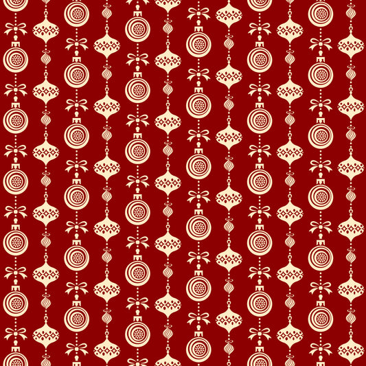 burgundy red, cream white, christmas ornaments, hanging baubles, geometric patterns, repeating design, festive decorations, holiday motifs, quilting cotton, fabric panel, seasonal print, ornament silhouettes, decorative balls, christmas theme, winter holidays, craft fabric, sewing material, coordinating colors, ornamental design, festive pattern