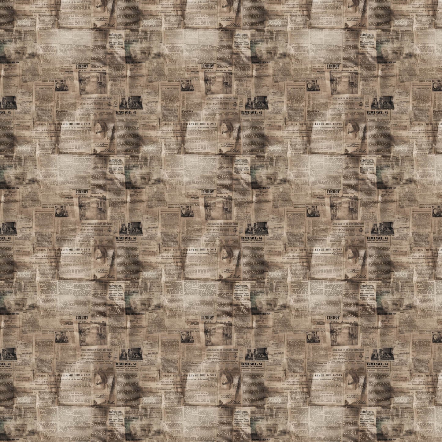 sepia, brown, beige, tan, cream, vintage newspapers, aged paper, antique print, nostalgic, retro style, quilting cotton, fabric panel, newspaper clippings, historical documents, old advertisements, worn texture, faded print, collage pattern, crafting material, sewing fabric