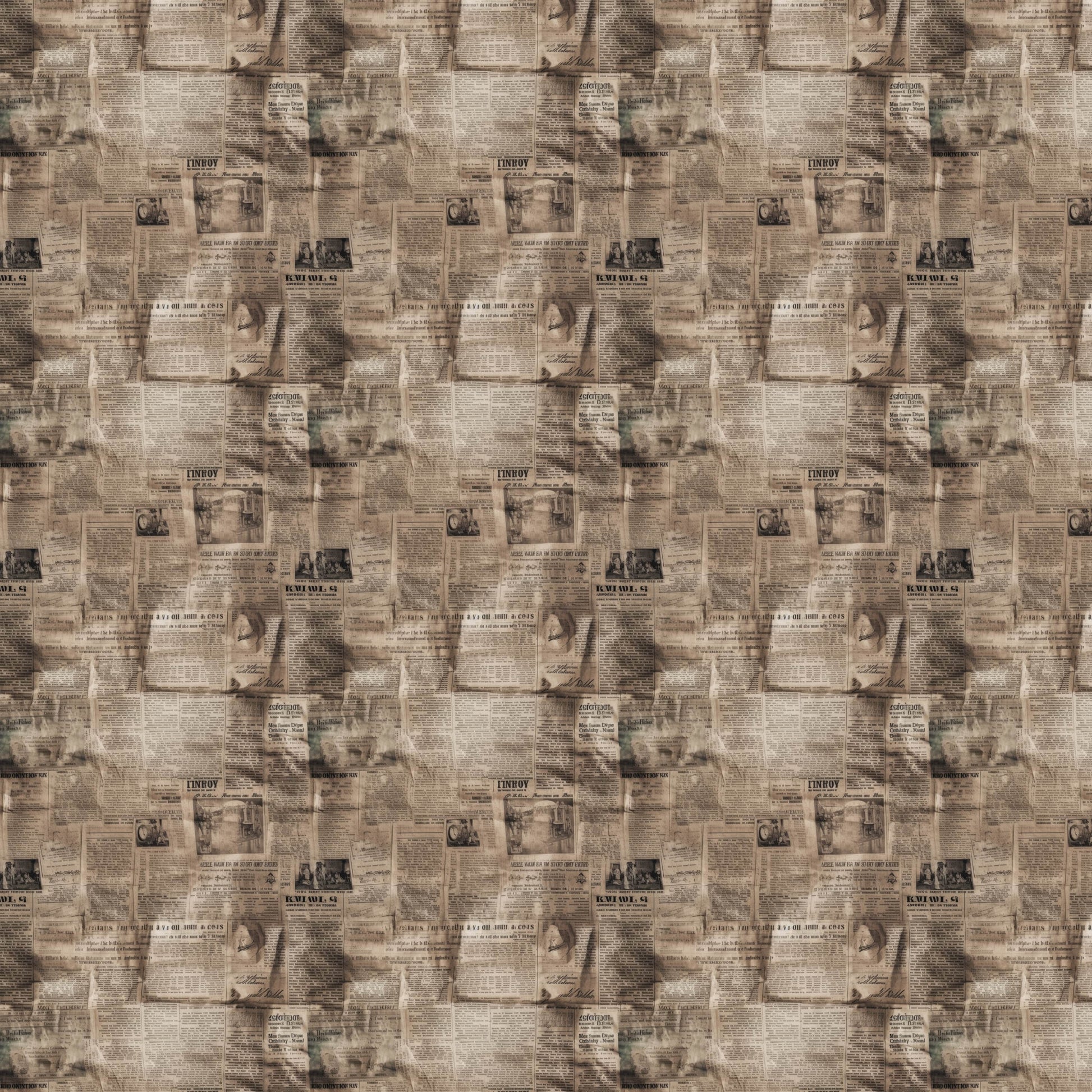 sepia, brown, beige, tan, cream, vintage newspapers, aged paper, antique print, nostalgic, retro style, quilting cotton, fabric panel, newspaper clippings, historical documents, old advertisements, worn texture, faded print, collage pattern, crafting material, sewing fabric