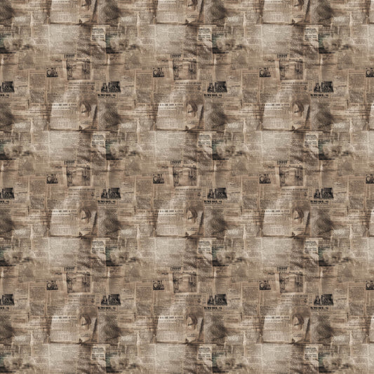 sepia, brown, beige, tan, cream, vintage newspapers, aged paper, antique print, nostalgic, retro style, quilting cotton, fabric panel, newspaper clippings, historical documents, old advertisements, worn texture, faded print, collage pattern, crafting material, sewing fabric