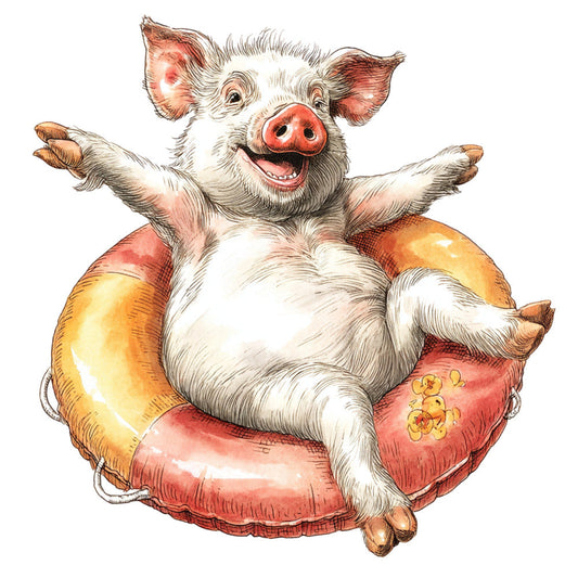 Whimsical Quirky Pool Float Pig Fabric Panel 12