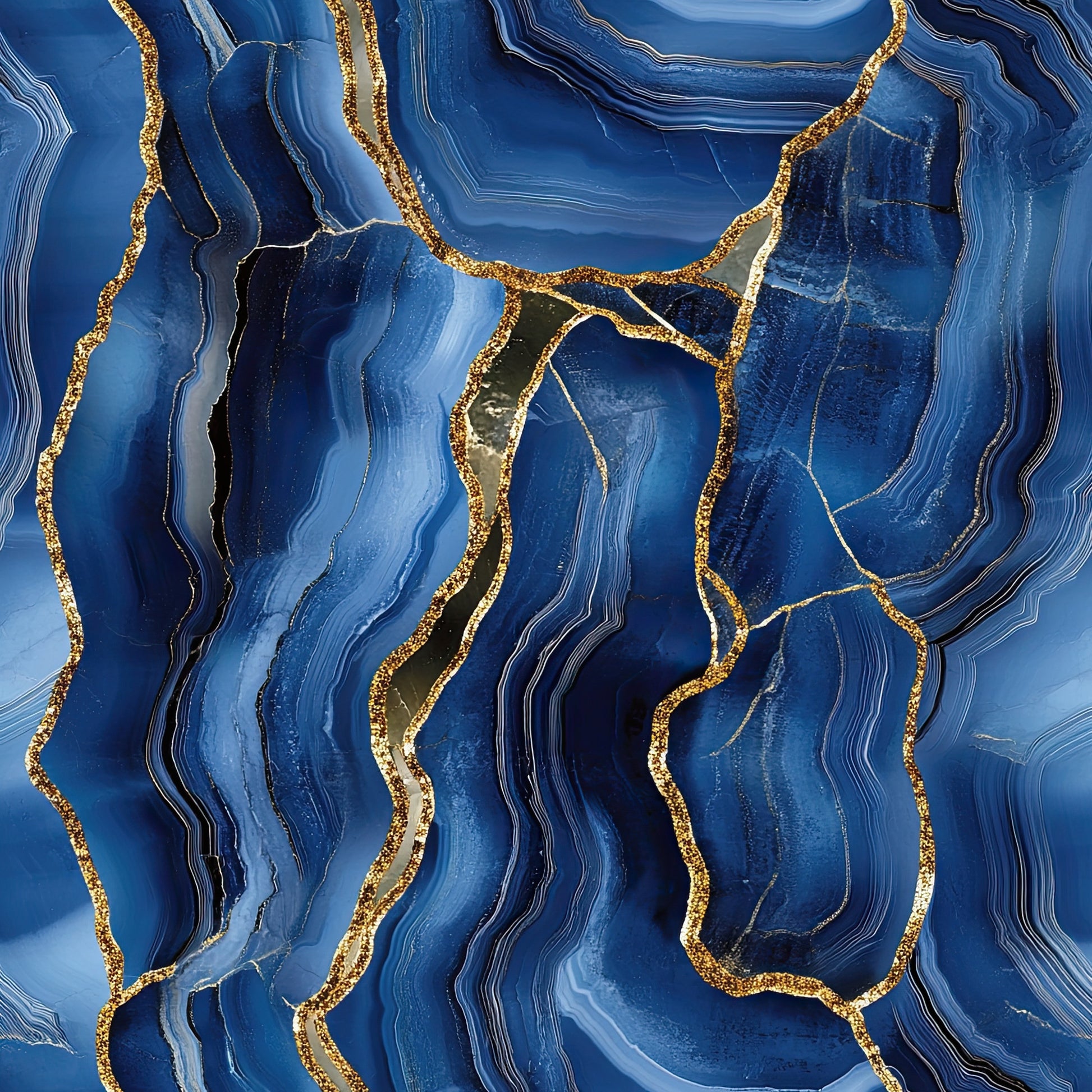 royal blue, deep blue, navy blue, gold, golden veining, agate pattern, geode design, marble texture, flowing lines, organic swirls, mineral pattern, luxurious, elegant, natural stone, crystalline structure, quilting cotton, fabric panel, abstract design, sophisticated, jewel tones