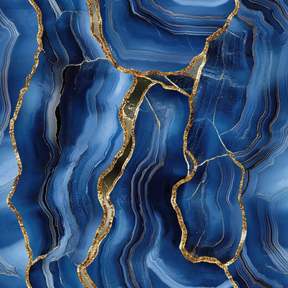 royal blue, deep blue, navy blue, gold, golden veining, agate pattern, geode design, marble texture, flowing lines, organic swirls, mineral pattern, luxurious, elegant, natural stone, crystalline structure, quilting cotton, fabric panel, abstract design, sophisticated, jewel tones
