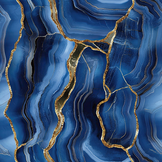 royal blue, deep blue, navy blue, gold, golden veining, agate pattern, geode design, marble texture, flowing lines, organic swirls, mineral pattern, luxurious, elegant, natural stone, crystalline structure, quilting cotton, fabric panel, abstract design, sophisticated, jewel tones