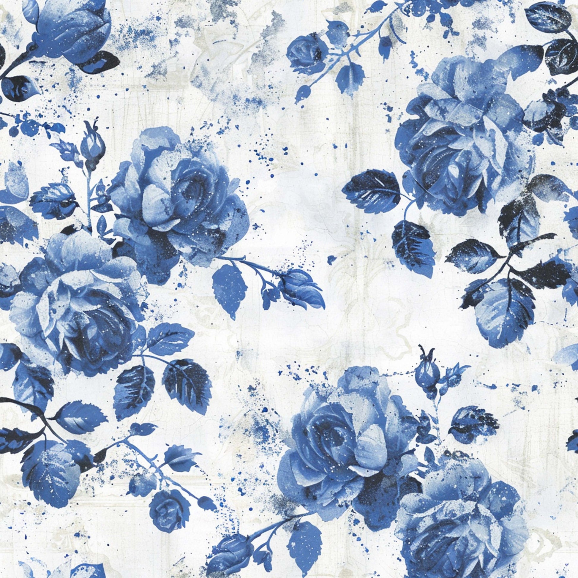 blue roses, vintage floral, watercolor style, splatter effect, cream background, botanical pattern, cottage core, farmhouse aesthetic, quilting cotton, fabric panel, distressed texture, romantic florals, soft blues, navy accents, rose blooms, leafy stems, painterly design, shabby chic, floral motifs