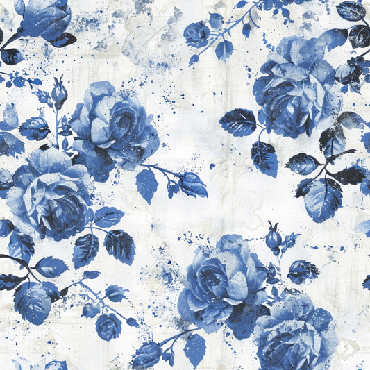 blue roses, vintage floral, watercolor style, splatter effect, cream background, botanical pattern, cottage core, farmhouse aesthetic, quilting cotton, fabric panel, distressed texture, romantic florals, soft blues, navy accents, rose blooms, leafy stems, painterly design, shabby chic, floral motifs