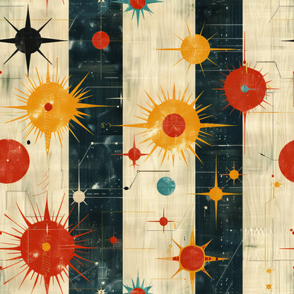retro starburst, mid-century modern, atomic age, geometric circles, radiating spikes, orange, red, teal, cream, navy blue, space age design, vintage inspired, celestial motifs, sun burst shapes, quilting cotton, fabric panel, 1950s style, modernist pattern, stellar graphics, cosmic theme
