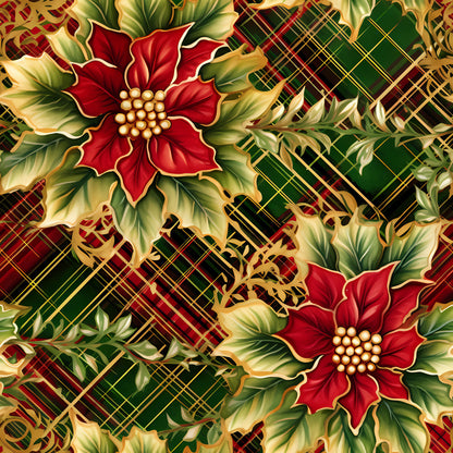 red poinsettias, green plaid, gold accents, christmas florals, holiday flowers, tartan pattern, festive botanical, quilting cotton, fabric panel, winter blooms, seasonal motifs, rich colors, decorative leaves, pearl centers, elegant floral, holiday crafting, burgundy tones, forest green, golden highlights, christmas fabric