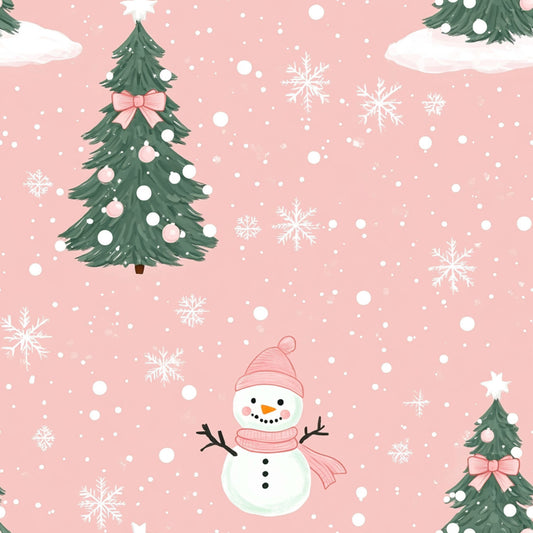pink background, snowman, christmas trees, snowflakes, winter scene, pink bows, white ornaments, pink ornaments, falling snow, quilting cotton, fabric panel, holiday pattern, festive design, cute snowman, pink scarf, pink hat, green evergreen trees, winter wonderland, christmas fabric, seasonal quilting