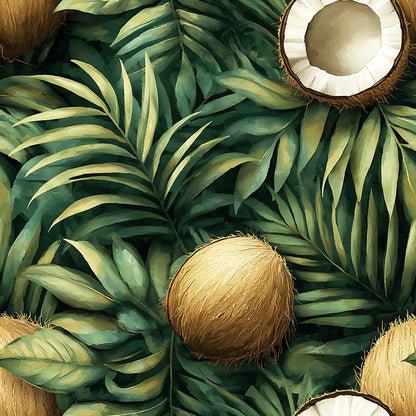 coconut, tropical leaves, palm fronds, jungle pattern, green foliage, brown coconuts, white coconut meat, natural motifs, botanical design, tropical paradise, lush greenery, exotic fruits, rainforest theme, quilting cotton, fabric panel, vibrant greens, earth tones, nature inspired, tropical vacation, island vibes