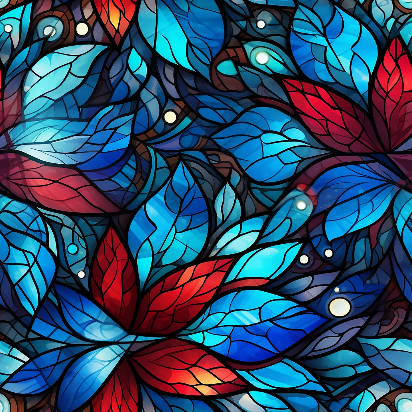 stained glass, christmas pattern, quilting cotton, fabric panel, blue tones, red accents, turquoise, navy blue, crimson red, geometric leaves, mosaic design, botanical motifs, winter foliage, holiday fabric, decorative leaves, glass effect, artistic pattern, festive colors, leaf design, quilting material