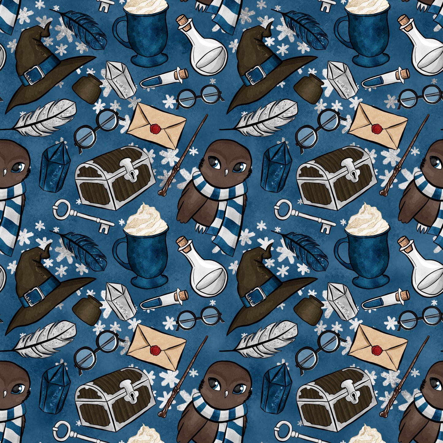 navy blue, teal, brown, cream, white, wizard pattern, magic school, owl characters, striped scarves, witch hats, potion bottles, treasure chests, feathers, glasses, wands, letters, lanterns, snowflakes, quilting cotton, repeating pattern, whimsical style, fantasy theme, winter elements