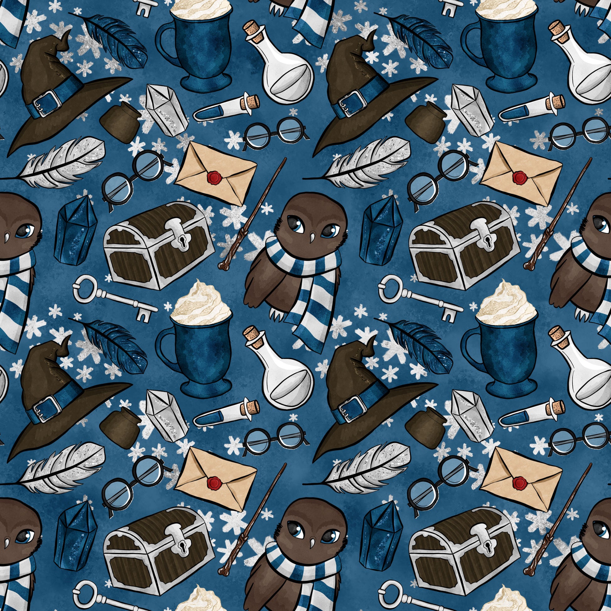 navy blue, teal, brown, cream, white, wizard pattern, magic school, owl characters, striped scarves, witch hats, potion bottles, treasure chests, feathers, glasses, wands, letters, lanterns, snowflakes, quilting cotton, repeating pattern, whimsical style, fantasy theme, winter elements