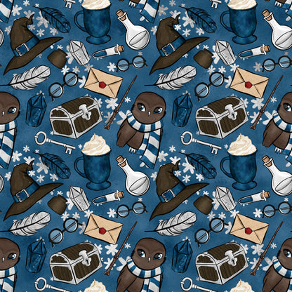 navy blue, teal, brown, cream, white, wizard pattern, magic school, owl characters, striped scarves, witch hats, potion bottles, treasure chests, feathers, glasses, wands, letters, lanterns, snowflakes, quilting cotton, repeating pattern, whimsical style, fantasy theme, winter elements