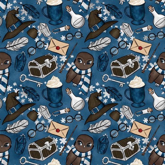 navy blue, teal, brown, cream, white, wizard pattern, magic school, owl characters, striped scarves, witch hats, potion bottles, treasure chests, feathers, glasses, wands, letters, lanterns, snowflakes, quilting cotton, repeating pattern, whimsical style, fantasy theme, winter elements
