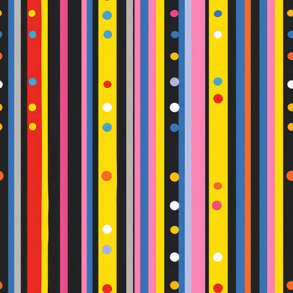 colorful stripes, polka dots, vertical stripes, red, yellow, blue, pink, black, white, orange, geometric pattern, modern design, quilting cotton, fabric panel, bright colors, rainbow stripes, circular dots, contemporary style, vibrant pattern, striped fabric