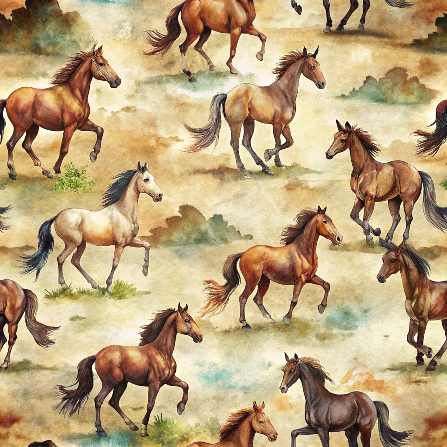 wild horses, running horses, galloping horses, brown horses, chestnut horses, tan colors, beige background, watercolor style, western theme, equestrian design, horse pattern, quilting cotton, fabric panel, realistic horses, pastoral scene, earth tones, rustic colors, animal print, countryside setting, flowing manes
