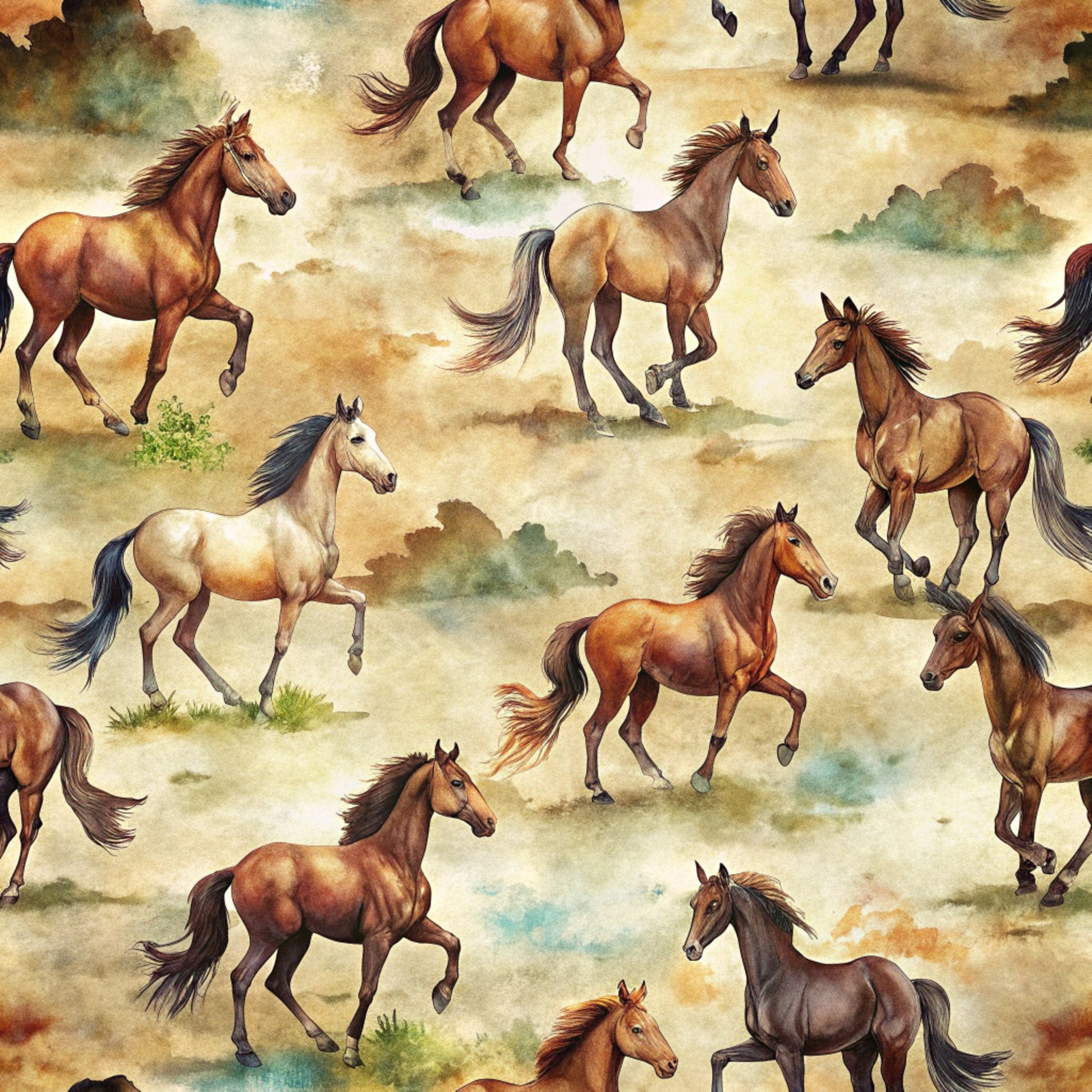 wild horses, running horses, galloping horses, brown horses, chestnut horses, tan colors, beige background, watercolor style, western theme, equestrian design, horse pattern, quilting cotton, fabric panel, realistic horses, pastoral scene, earth tones, rustic colors, animal print, countryside setting, flowing manes