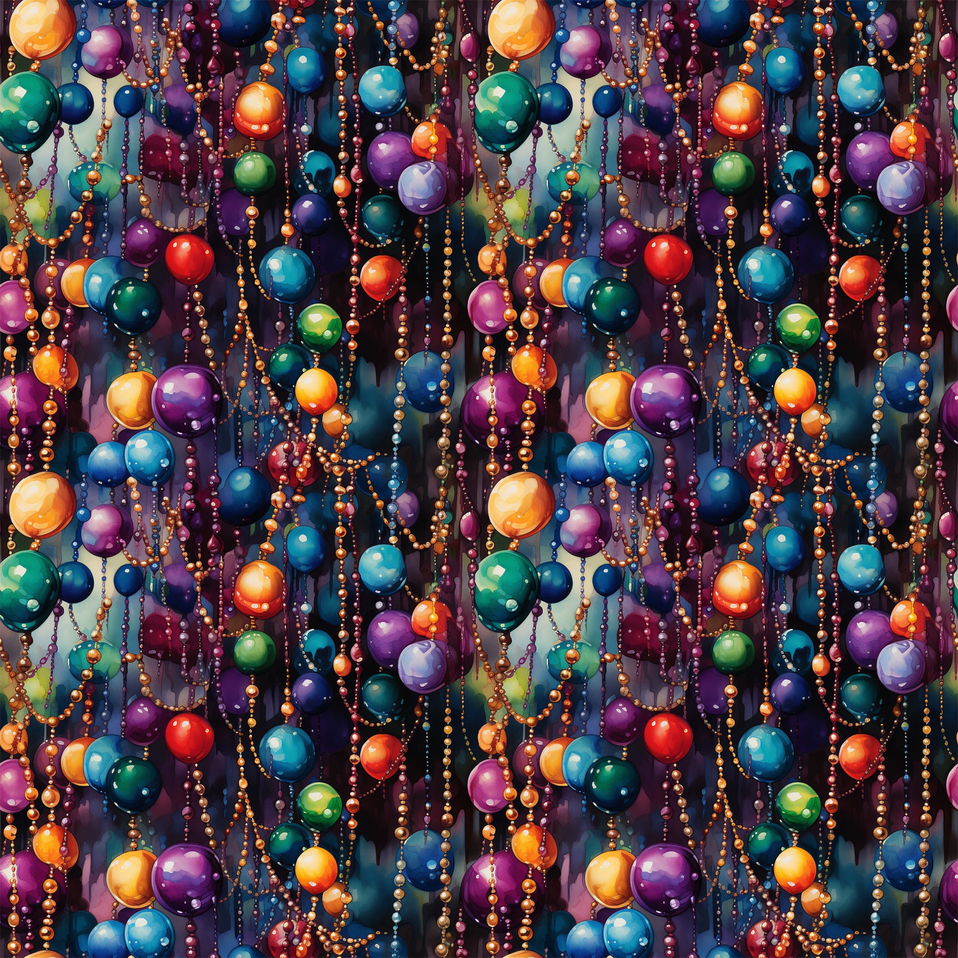colorful beads, mardi gras, festive celebration, purple beads, gold beads, orange beads, blue beads, green beads, red beads, hanging decorations, party atmosphere, new orleans, carnival theme, quilting cotton, fabric panel, vibrant colors, celebratory mood, beaded necklaces, festive pattern, jewel tones