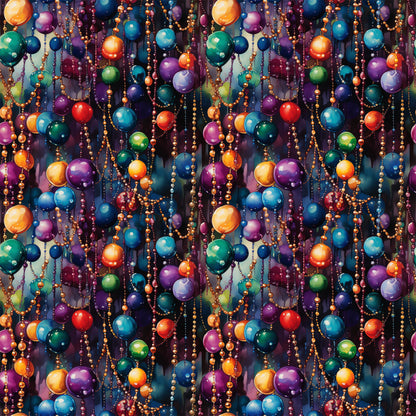 colorful beads, mardi gras, festive celebration, purple beads, gold beads, orange beads, blue beads, green beads, red beads, hanging decorations, party atmosphere, new orleans, carnival theme, quilting cotton, fabric panel, vibrant colors, celebratory mood, beaded necklaces, festive pattern, jewel tones
