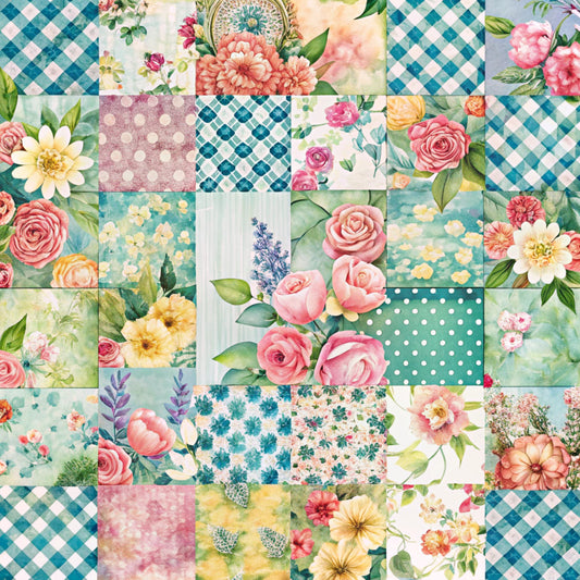 spring flowers, patchwork squares, quilting cotton, fabric panel, pink roses, yellow daisies, teal gingham, polka dots, floral motifs, cottage garden, pastel colors, botanical prints, watercolor style, soft palette, vintage florals, peach blossoms, lavender sprigs, geometric patterns, shabby chic, romantic aesthetic