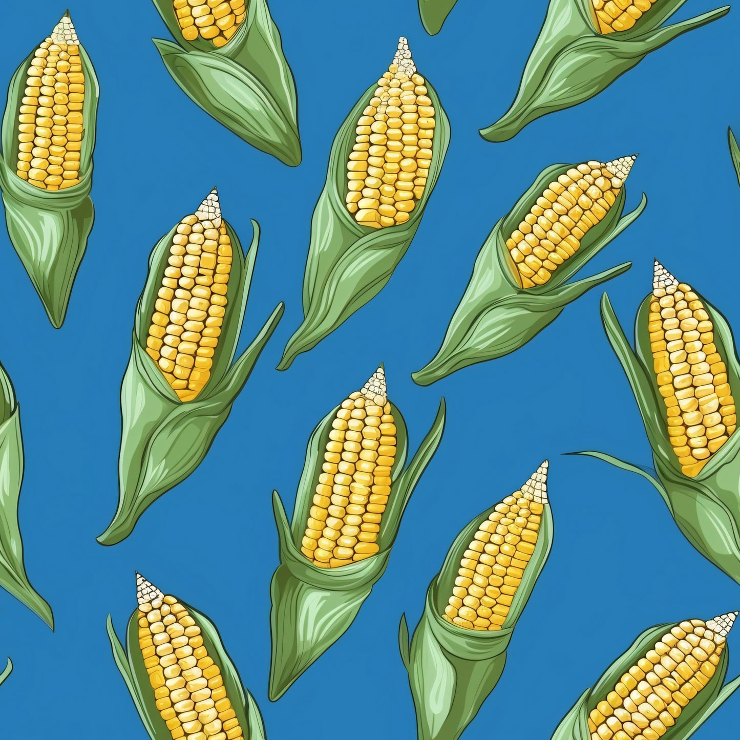 bright blue, golden yellow, sage green, corn cobs, corn husks, vegetable pattern, food motif, scattered design, quilting cotton, fabric panel, farming theme, harvest motif, kitchen decor, botanical illustration, summer produce, agricultural design, realistic style, repeating pattern, garden vegetables, country style
