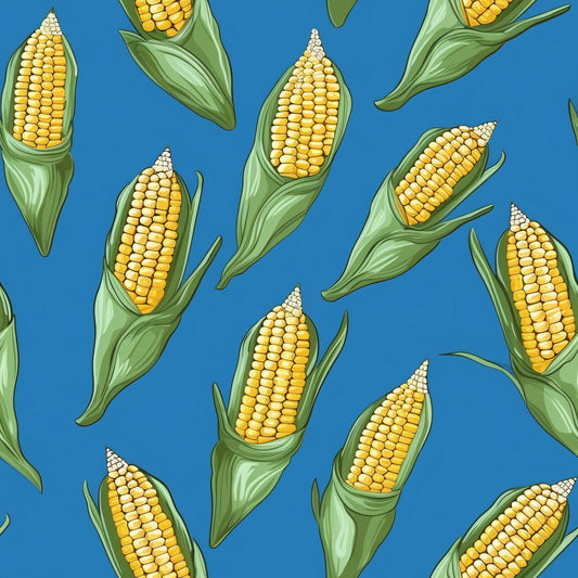 bright blue, golden yellow, sage green, corn cobs, corn husks, vegetable pattern, food motif, scattered design, quilting cotton, fabric panel, farming theme, harvest motif, kitchen decor, botanical illustration, summer produce, agricultural design, realistic style, repeating pattern, garden vegetables, country style