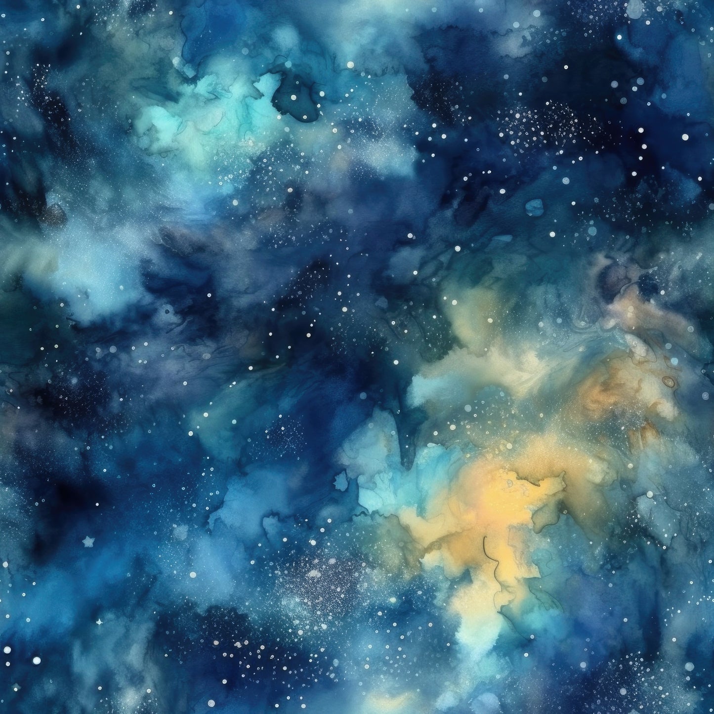 deep blue, navy blue, teal, golden yellow, amber, celestial, starry sky, nebula, cosmic clouds, watercolor effect, dreamy atmosphere, night sky, stars, space theme, quilting cotton, fabric panel, astronomy, ethereal, swirling patterns, galaxy design