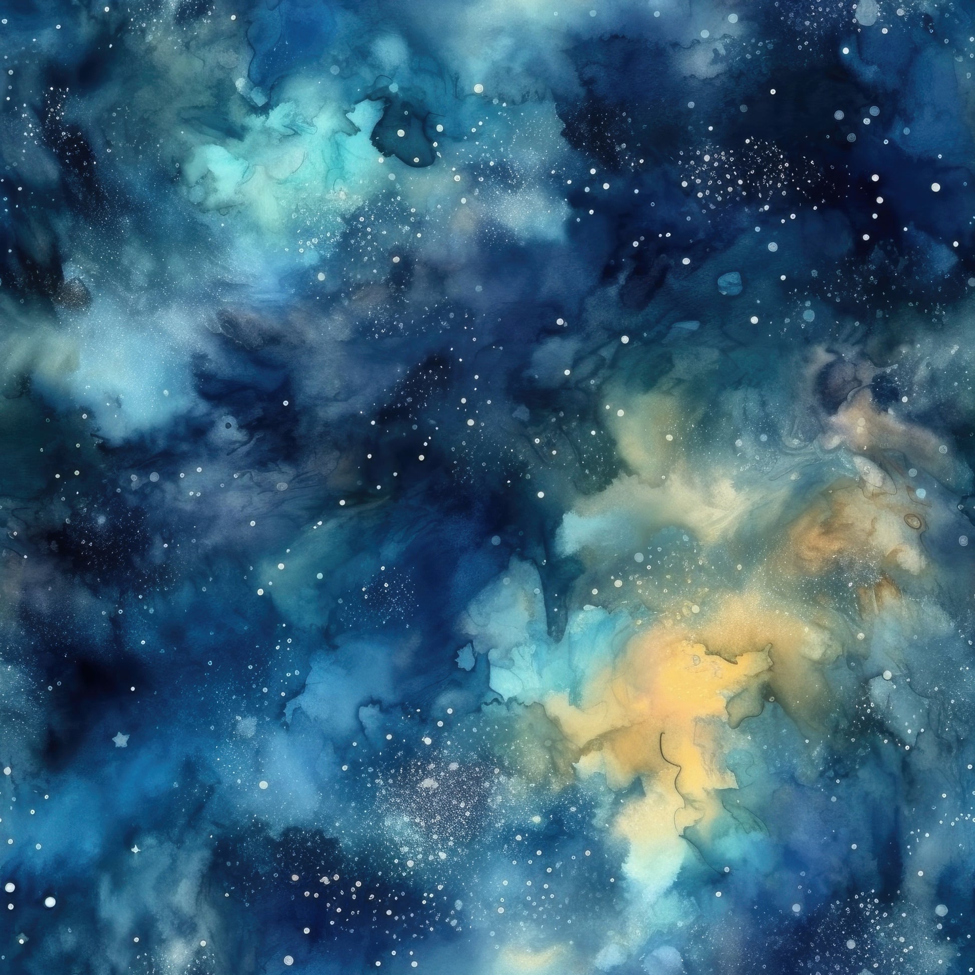deep blue, navy blue, teal, golden yellow, amber, celestial, starry sky, nebula, cosmic clouds, watercolor effect, dreamy atmosphere, night sky, stars, space theme, quilting cotton, fabric panel, astronomy, ethereal, swirling patterns, galaxy design