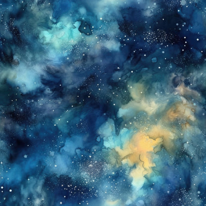 deep blue, navy blue, teal, golden yellow, amber, celestial, starry sky, nebula, cosmic clouds, watercolor effect, dreamy atmosphere, night sky, stars, space theme, quilting cotton, fabric panel, astronomy, ethereal, swirling patterns, galaxy design