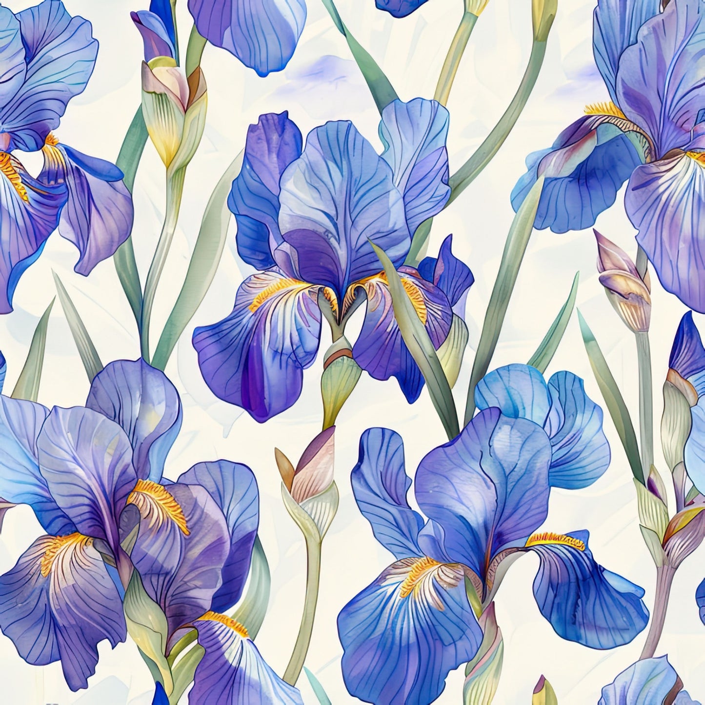 iris flowers, purple petals, blue blooms, lavender shades, botanical pattern, floral design, green stems, watercolor style, seamless repeat, quilting cotton, fabric panel, spring flowers, garden theme, elegant blooms, artistic florals, soft pastels, nature motif, detailed petals