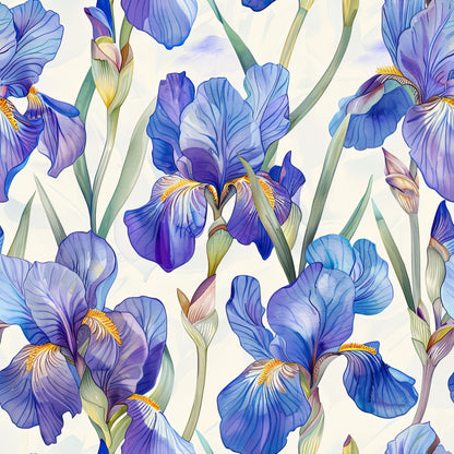 iris flowers, purple petals, blue blooms, lavender shades, botanical pattern, floral design, green stems, watercolor style, seamless repeat, quilting cotton, fabric panel, spring flowers, garden theme, elegant blooms, artistic florals, soft pastels, nature motif, detailed petals