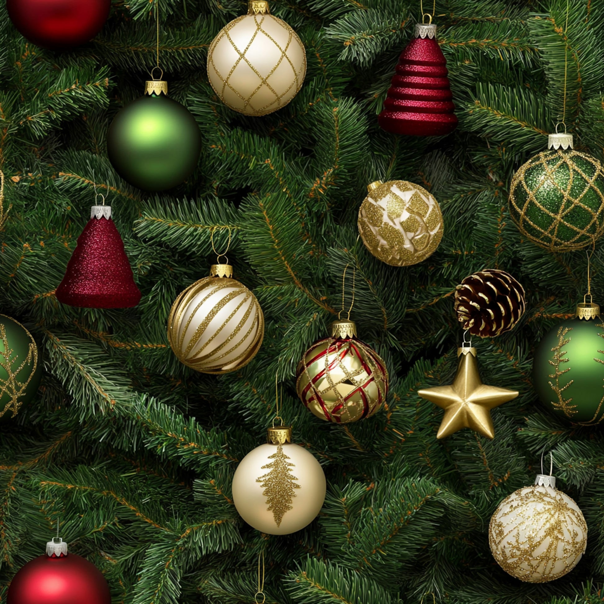 christmas ornaments, quilting cotton, fabric panel, evergreen branches, gold ornaments, red ornaments, green ornaments, burgundy ornaments, cream ornaments, geometric patterns, diamond quilting, striped designs, star ornament, pine cone, christmas tree motif, holiday fabric, festive colors, metallic accents, realistic style, winter theme