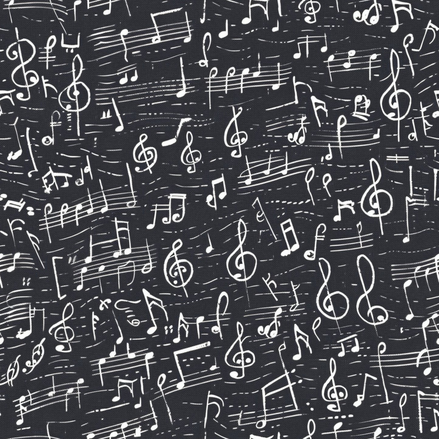 black background, white musical notes, treble clefs, staff lines, sheet music, handwritten style, music symbols, scattered pattern, high contrast, monochrome, quilting cotton, fabric panel, musical theme, artistic design, repeating motif, vintage feel, creative design, crafting material