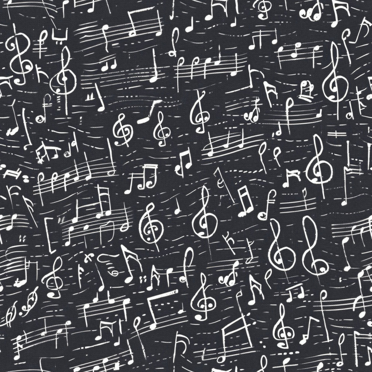 black background, white musical notes, treble clefs, staff lines, sheet music, handwritten style, music symbols, scattered pattern, high contrast, monochrome, quilting cotton, fabric panel, musical theme, artistic design, repeating motif, vintage feel, creative design, crafting material