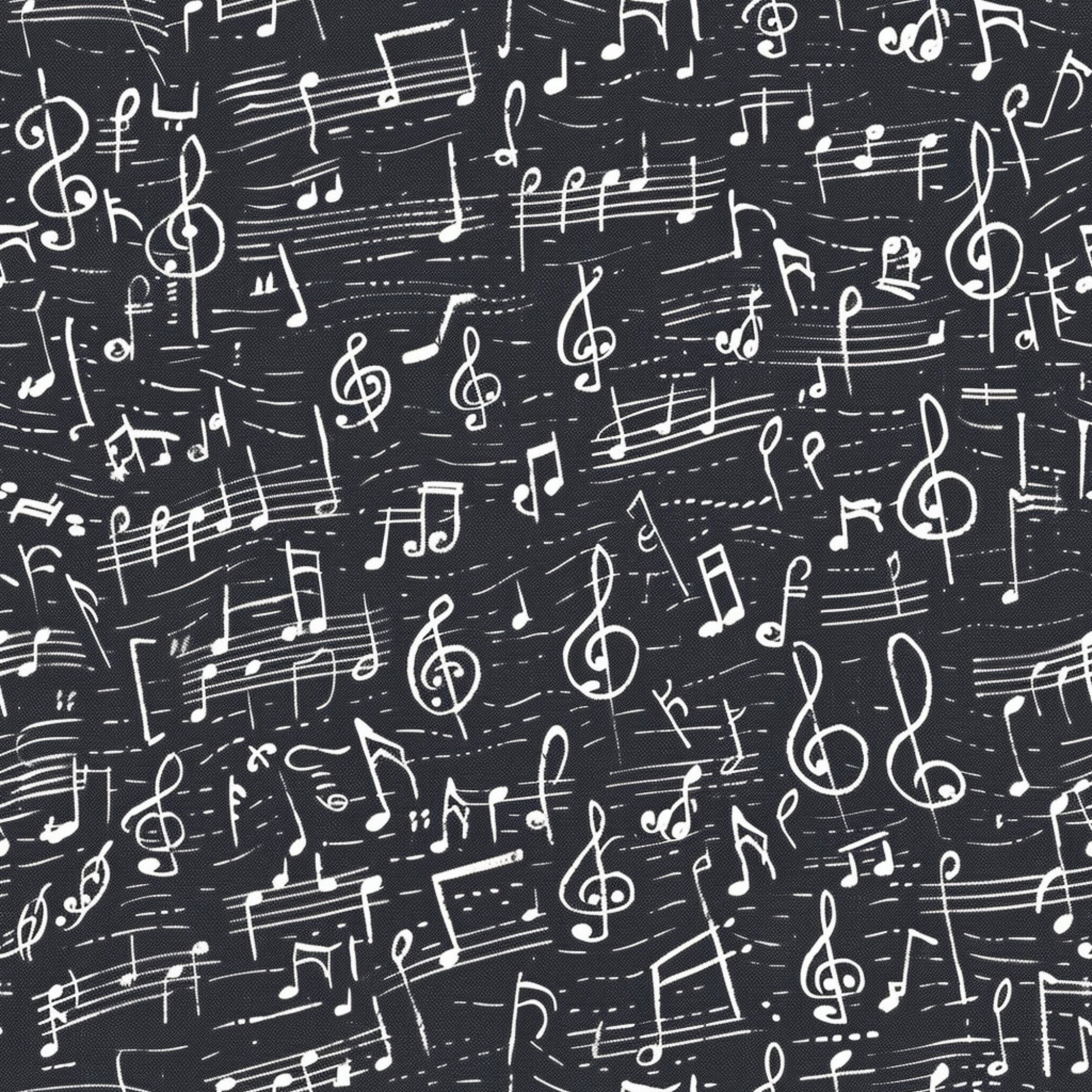 black background, white musical notes, treble clefs, staff lines, sheet music, handwritten style, music symbols, scattered pattern, high contrast, monochrome, quilting cotton, fabric panel, musical theme, artistic design, repeating motif, vintage feel, creative design, crafting material