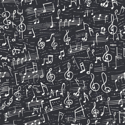 black background, white musical notes, treble clefs, staff lines, sheet music, handwritten style, music symbols, scattered pattern, high contrast, monochrome, quilting cotton, fabric panel, musical theme, artistic design, repeating motif, vintage feel, creative design, crafting material