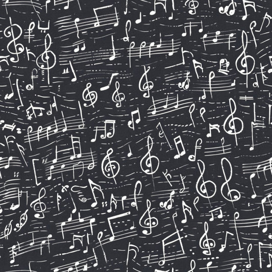 black background, white musical notes, treble clefs, staff lines, sheet music, handwritten style, music symbols, scattered pattern, high contrast, monochrome, quilting cotton, fabric panel, musical theme, artistic design, repeating motif, vintage feel, creative design, crafting material