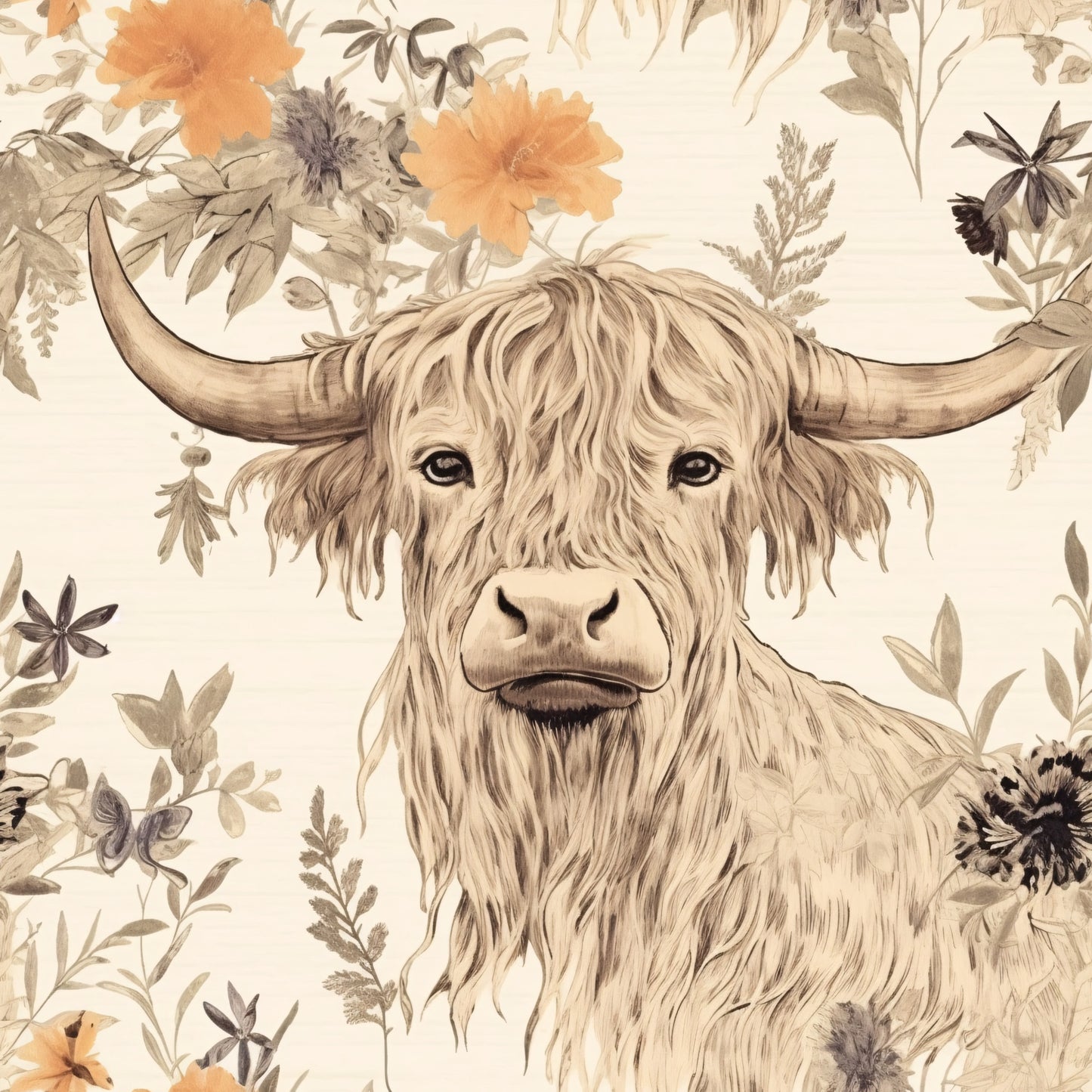 highland cow, floral pattern, beige background, orange flowers, botanical elements, long horned cattle, shaggy fur, watercolor style, neutral tones, cream colored, quilting cotton, fabric panel, rustic charm, farm animal, sepia tones, vintage illustration, pastoral scene, earthy palette, soft textures, countryside theme