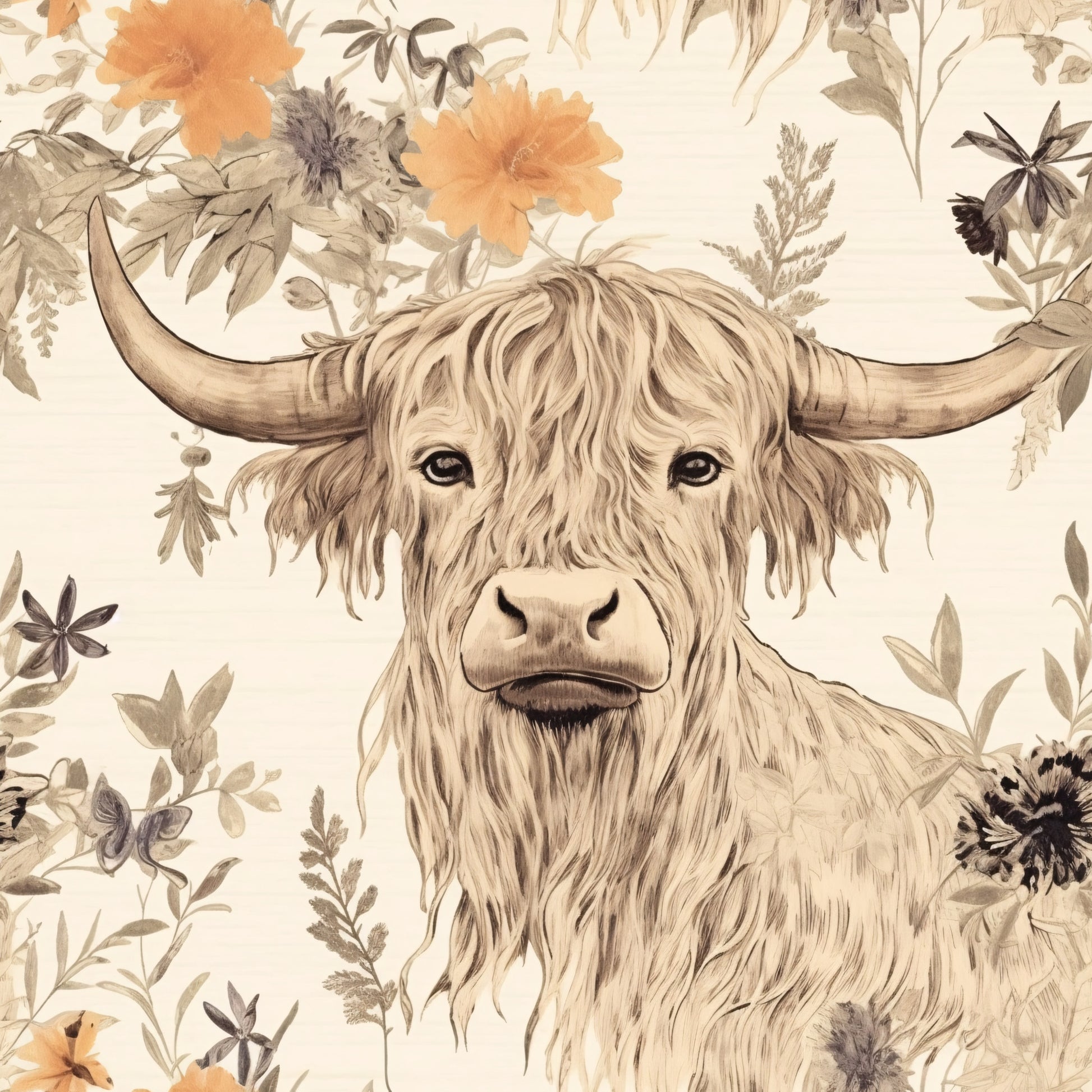 highland cow, floral pattern, beige background, orange flowers, botanical elements, long horned cattle, shaggy fur, watercolor style, neutral tones, cream colored, quilting cotton, fabric panel, rustic charm, farm animal, sepia tones, vintage illustration, pastoral scene, earthy palette, soft textures, countryside theme